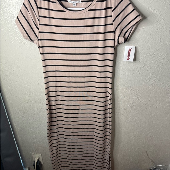 Antistar Dresses & Skirts - Elegant Striped Midi Dress in Black and Pink